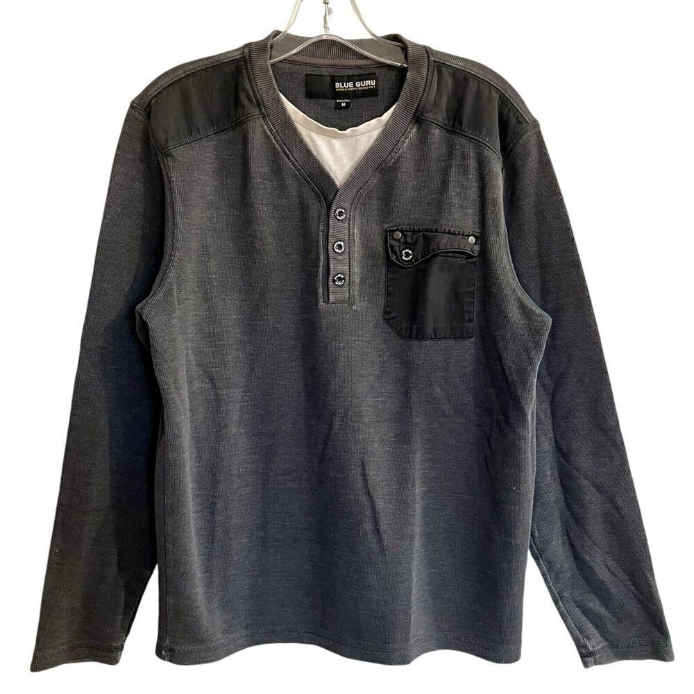 Blue Guru By Society Shirt Ribbed Henley Men Sz Medium Gray Long Sleeve P…